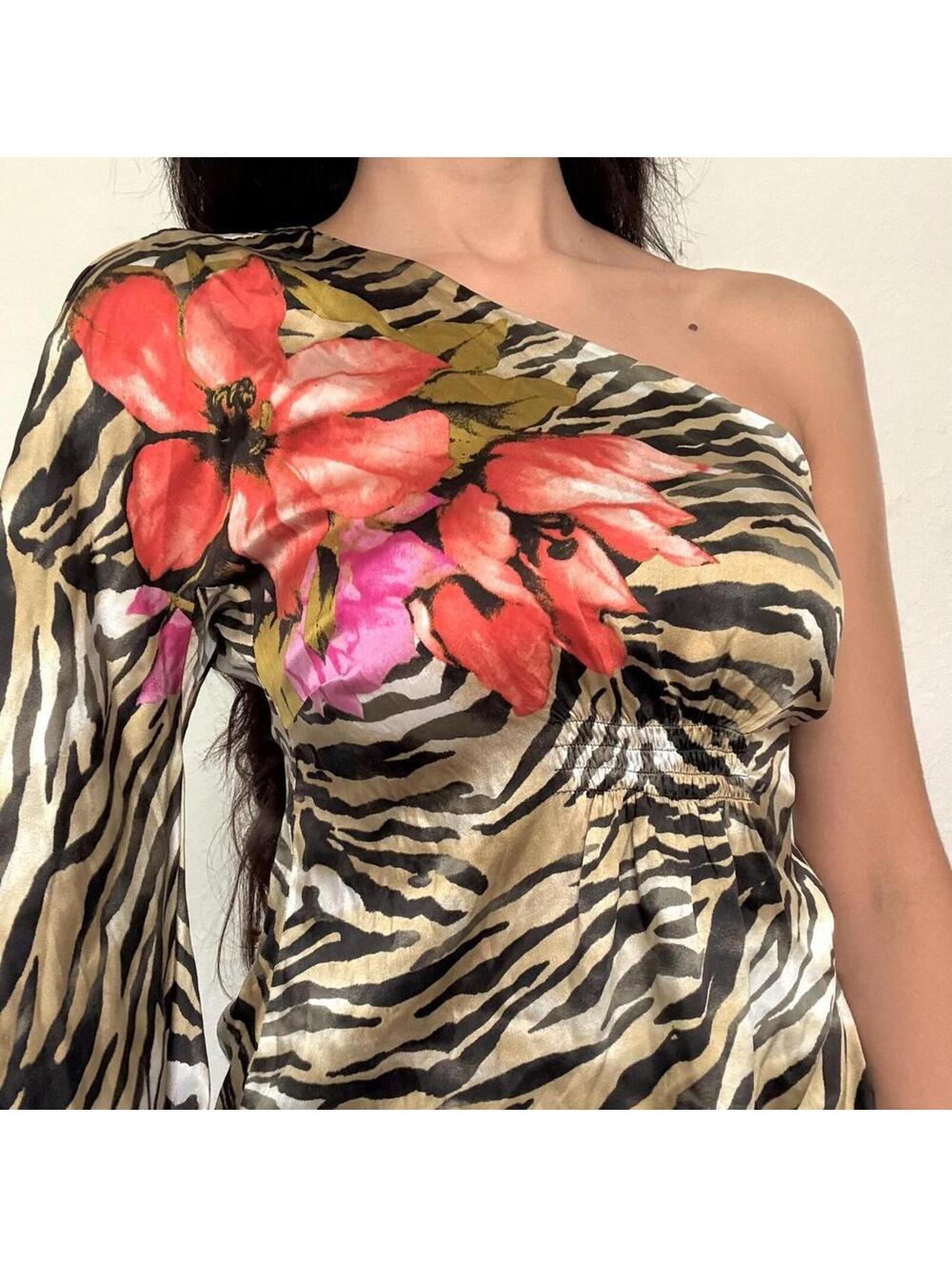 Cache Animal Print Floral Silk One Shoulder Top - Picture 6 of 8